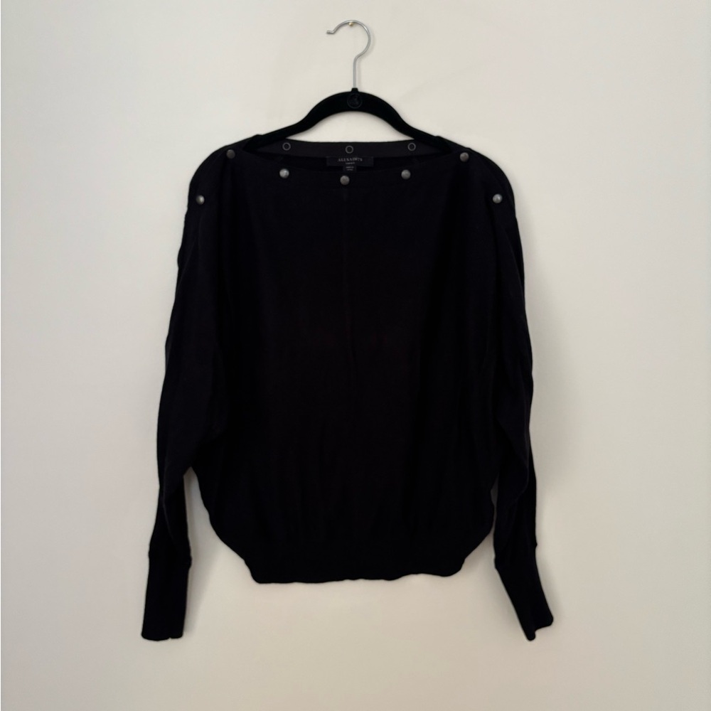 AllSaints Black Crewneck Sweater with Shoulder Buttons